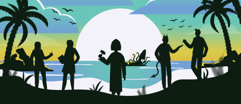 Illustration of silhouette debate characters on an island with a life raft at sea