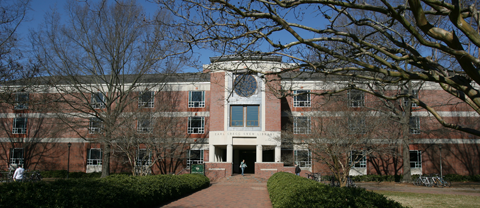 View of the front of Swem Library in the Winter