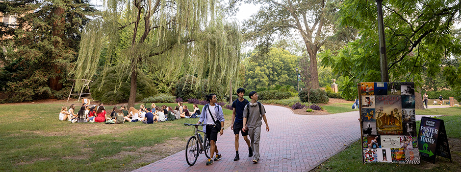 Students walking along the winding brick pathways through a grass and tree-lined meadow while a group of students sit in a circle under a weeping willow tree in the background