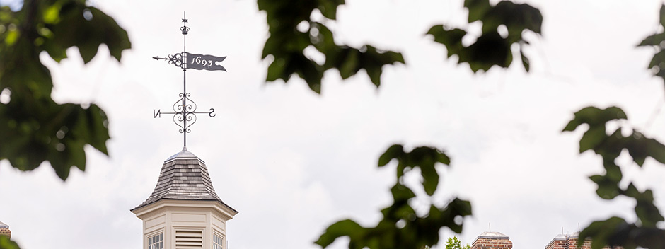 View through the trees of the weathervane atop the historic Wren Building