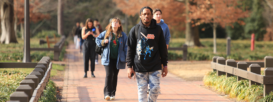 Several students walking along a wide brick pathway in late winter