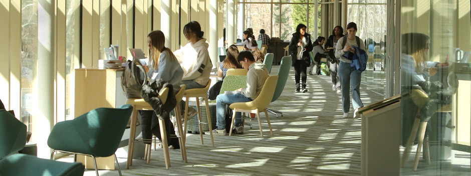 Students relaxing and studying along a sunny corridor