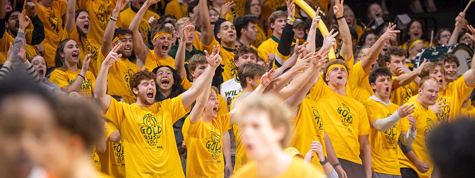 Students cheering energetically in the stands of Kaplan Arena wearing matching Gold Rush yellow t-shirts