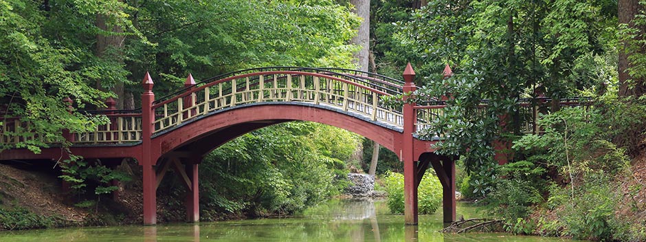 Crim Dell bridge nestled in the woods