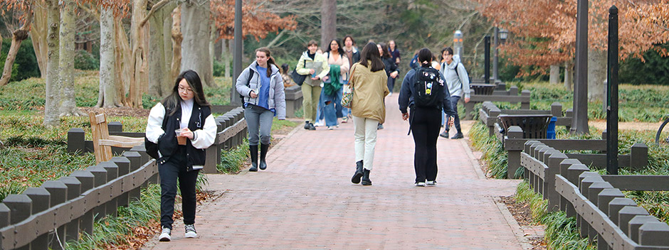 Students walking along a brick pathway lined with low rails, landscaping and mature trees on an overcast winter day