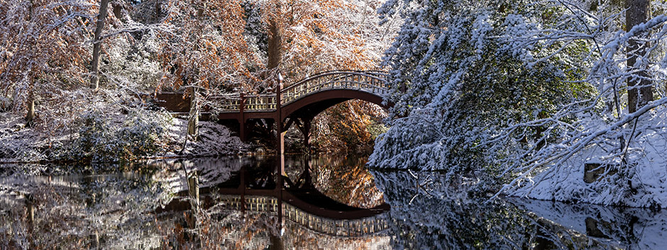 Wooded view of the Crim Dell and bridge under a light blanket of snow