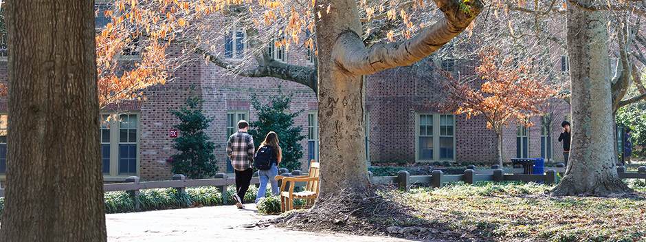 Two students walk along tree-lined brick pathways flanked by low fences and plantings